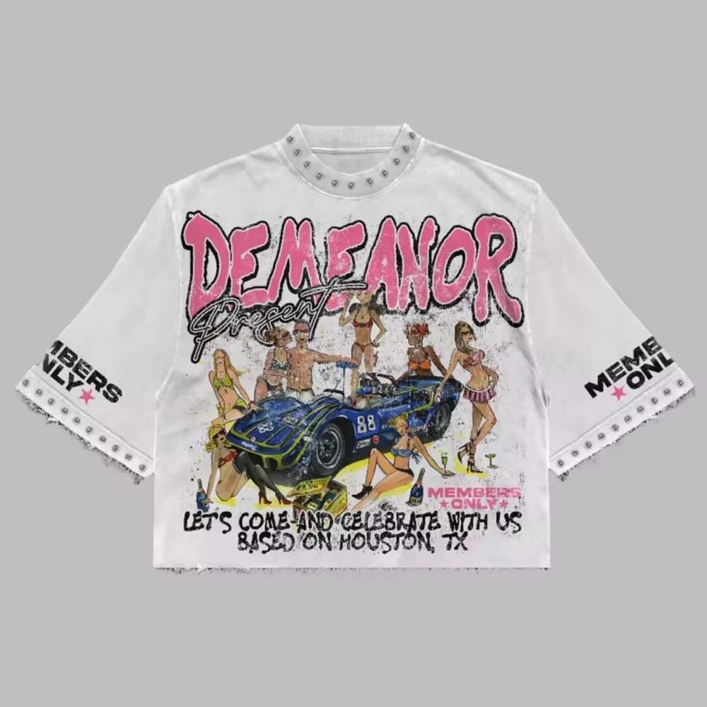 Members Only White Graphic Tee with Blue and Pink Accents